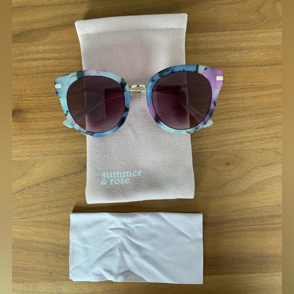 Summer & Rose Women’s Sunglasses. Pinks, blues, greys, gold metal arms.